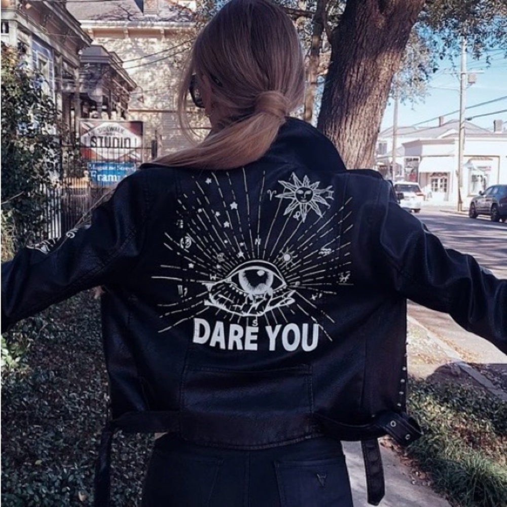 Black Leather Studded Graphic Jacket - Picture 4 of 5